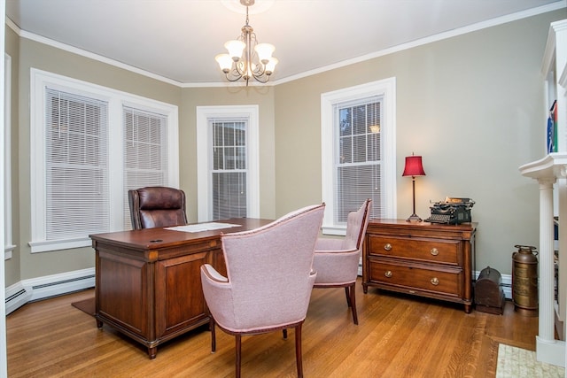 office with light wood-type flooring, a baseboard radiator, an inviting chandelier, and crown molding