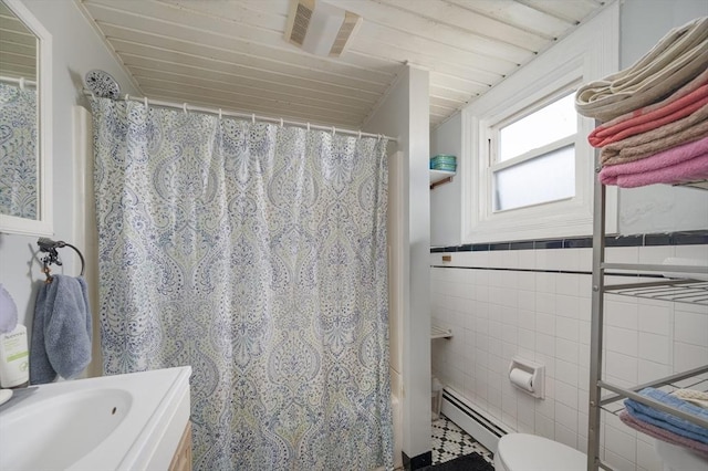 186 Summit St, Pawtucket, RI 02860 - bathroom featuring tile walls, baseboard heating, vanity, a shower with curtain, and toilet