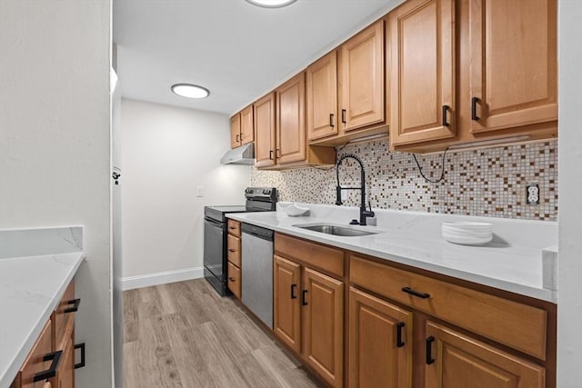 29 Adams Ct Unit 29, Amesbury, MA 01913 - kitchen with range with electric stovetop, stainless steel dishwasher, a sink, decorative backsplash, and light wood finished floors