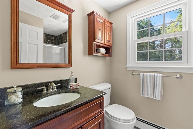 1005 Forest St, North Andover, MA 01845 - full bathroom with vanity, a shower with shower door, toilet, and baseboard heating