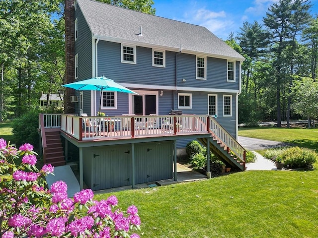 1005 Forest St, North Andover, MA 01845 - rear view of property featuring stairway, a wooden deck, a yard, and a chimney