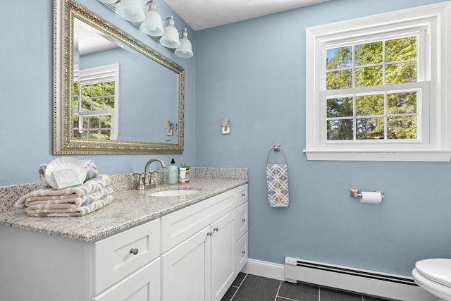1005 Forest St, North Andover, MA 01845 - bathroom with baseboard heating, vanity, toilet, baseboards, and tile patterned flooring