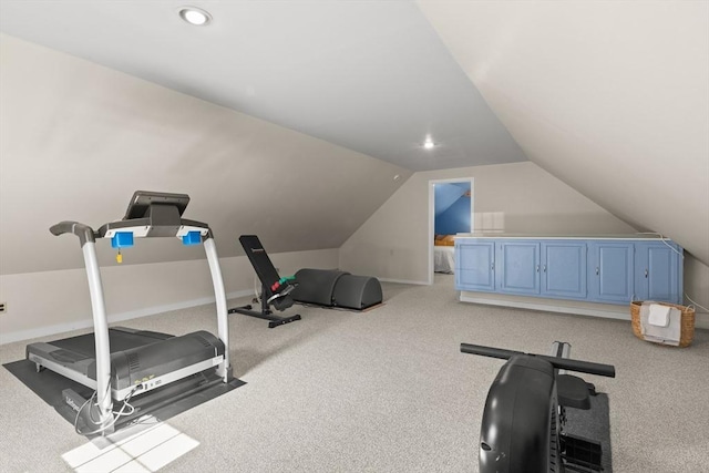 1005 Forest St, North Andover, MA 01845 - exercise room with lofted ceiling, light carpet, baseboards, and recessed lighting