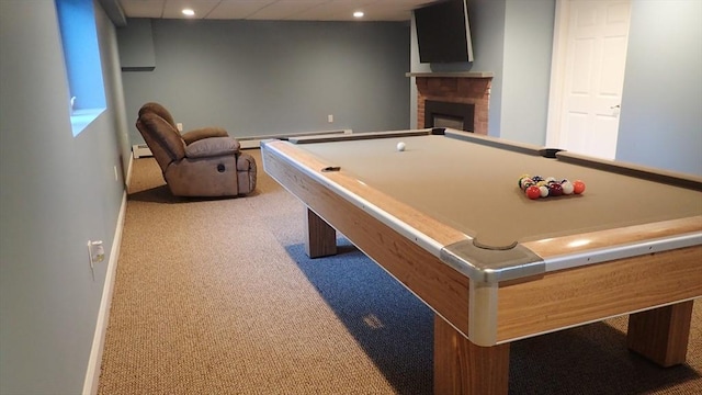 game room with baseboard heating, billiards, carpet, and a fireplace