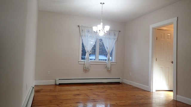 unfurnished dining area with a baseboard radiator, a chandelier, and hardwood / wood-style flooring