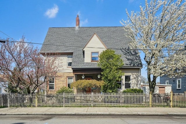 view of front facade featuring a shingled roof and a fenced front yard