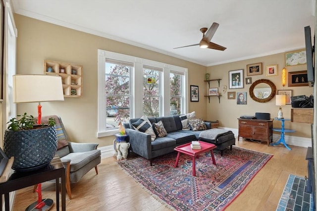 living area with wood finished floors, crown molding, a ceiling fan, and baseboards