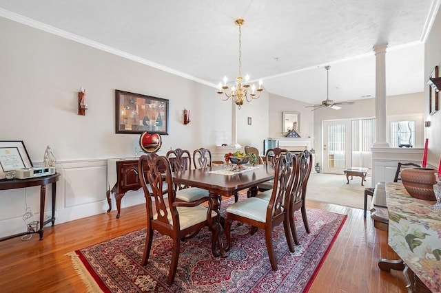 75 Orchard Meadow Dr Unit 75, Shrewsbury, MA 01545 - dining room with hardwood / wood-style floors, crown molding, a ceiling fan, and decorative columns