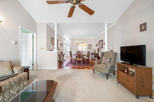 75 Orchard Meadow Dr Unit 75, Shrewsbury, MA 01545 - living area with light colored carpet, ceiling fan with notable chandelier, ornate columns, and ornamental molding