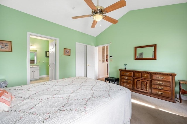 75 Orchard Meadow Dr Unit 75, Shrewsbury, MA 01545 - bedroom with a ceiling fan, lofted ceiling, light colored carpet, and ensuite bathroom