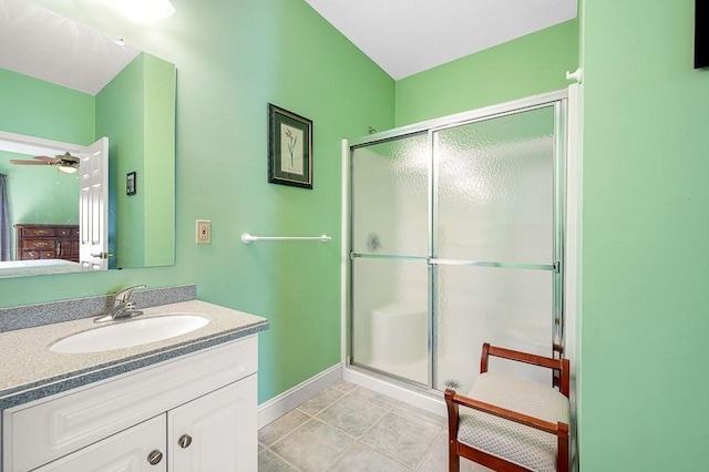 75 Orchard Meadow Dr Unit 75, Shrewsbury, MA 01545 - bathroom with tile patterned floors, a shower stall, baseboards, ceiling fan, and vanity