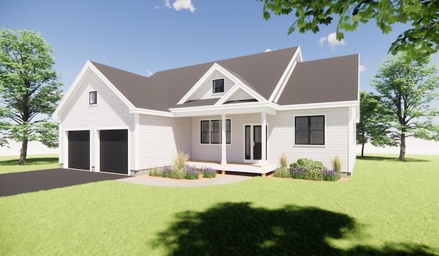 view of front of home with aphalt driveway, a porch, an attached garage, and a front yard