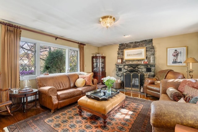 living area featuring wood finished floors and a fireplace