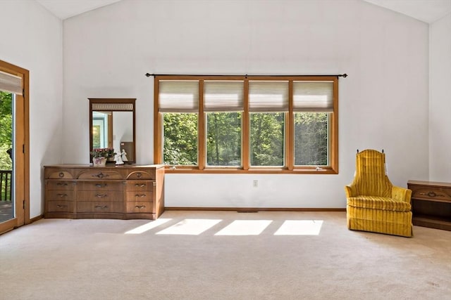 unfurnished room with carpet flooring, baseboards, and high vaulted ceiling