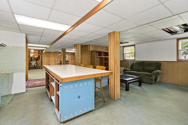 below grade area with plenty of natural light, wooden walls, a drop ceiling, and carpet floors