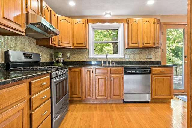 kitchen with appliances with stainless steel finishes, under cabinet range hood, a sink, light wood finished floors, and recessed lighting