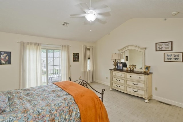 717 Northampton St Unit 41, Holyoke, MA 01040 - bedroom featuring vaulted ceiling, access to exterior, a ceiling fan, and light carpet