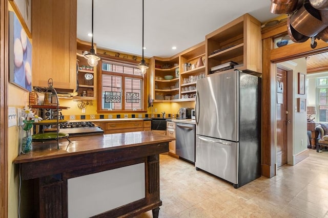 97 Stearns Rd, Brookline, MA 02446 - kitchen featuring stainless steel appliances, open shelves, pendant lighting, and a peninsula