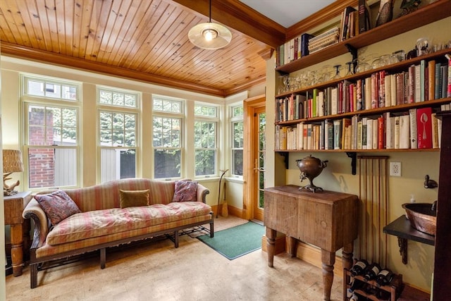 97 Stearns Rd, Brookline, MA 02446 - living area featuring crown molding, wood ceiling, and wood finished floors