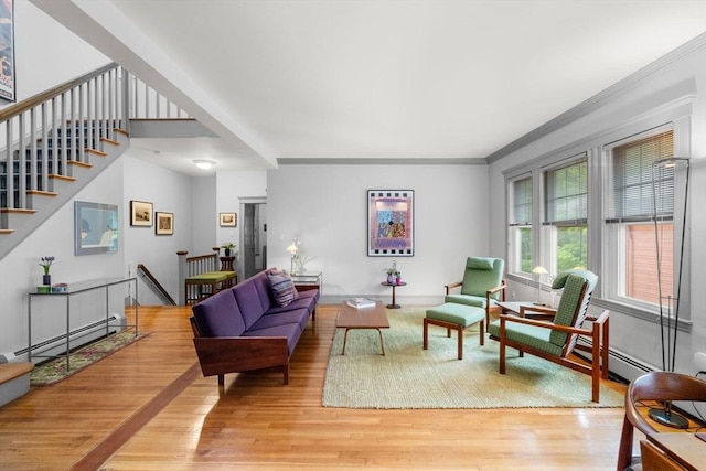 97 Stearns Rd, Brookline, MA 02446 - living area with baseboard heating, light wood-style floors, crown molding, and baseboards