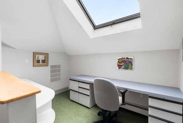 97 Stearns Rd, Brookline, MA 02446 - office area with a skylight, baseboard heating, vaulted ceiling, and light carpet