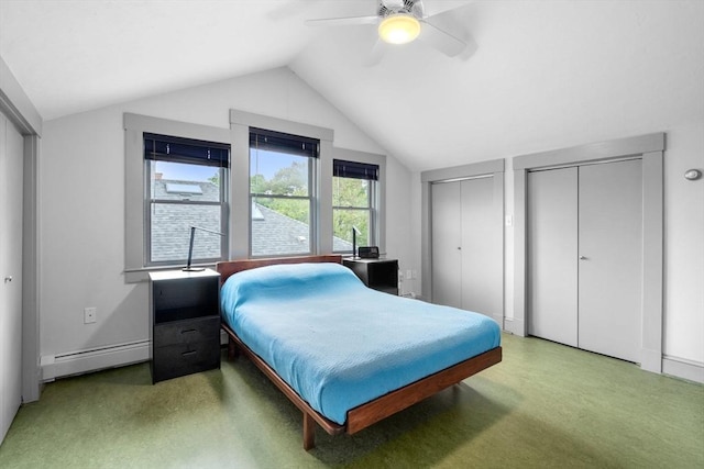 97 Stearns Rd, Brookline, MA 02446 - bedroom with a baseboard heating unit, two closets, lofted ceiling, a ceiling fan, and light carpet