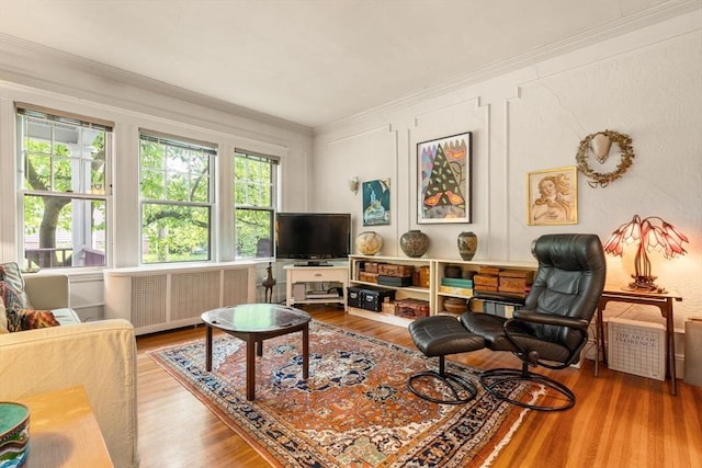 97 Stearns Rd, Brookline, MA 02446 - sitting room with ornamental molding, radiator heating unit, and wood finished floors
