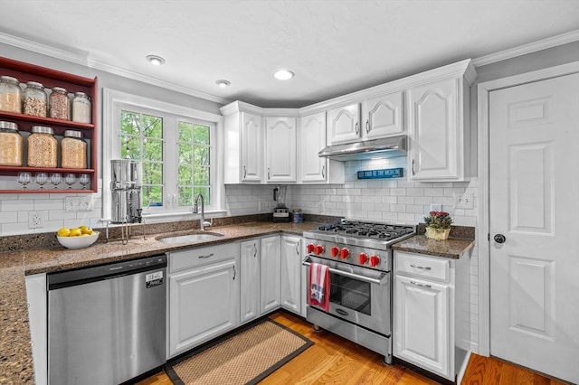 kitchen with appliances with stainless steel finishes, a sink, under cabinet range hood, ornamental molding, and white cabinets