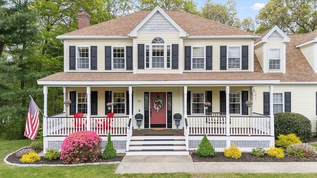 view of front of home with covered porch, a chimney, and roof with shingles