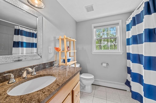 bathroom with baseboard heating, tile patterned flooring, toilet, vanity, and a shower with curtain