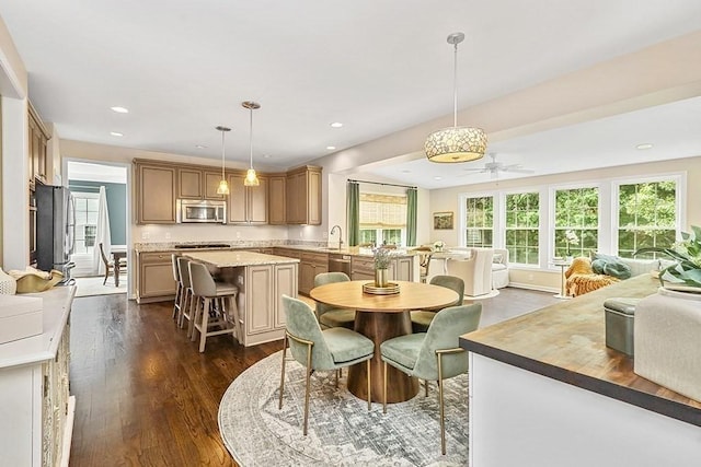 132 Hemmingway Pl, Wrentham, MA 02093 - dining space featuring dark wood-style flooring, recessed lighting, and ceiling fan