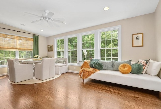 132 Hemmingway Pl, Wrentham, MA 02093 - living room with wood finished floors, ceiling fan, vaulted ceiling, baseboards, and recessed lighting
