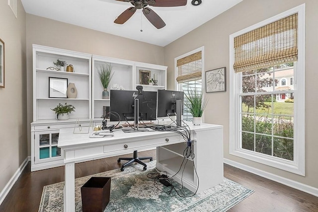 132 Hemmingway Pl, Wrentham, MA 02093 - office area featuring baseboards, ceiling fan, and dark wood-style flooring