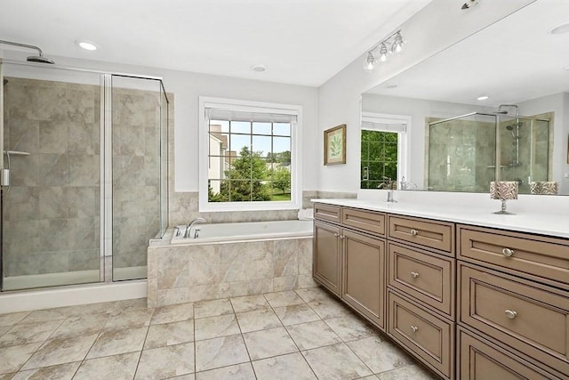 132 Hemmingway Pl, Wrentham, MA 02093 - bathroom featuring vanity, a bath, a stall shower, and recessed lighting