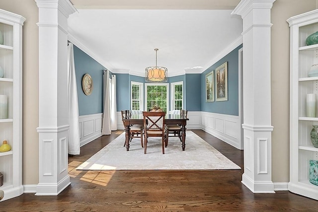 132 Hemmingway Pl, Wrentham, MA 02093 - dining area with decorative columns, wainscoting, dark wood-style flooring, a decorative wall, and ornamental molding