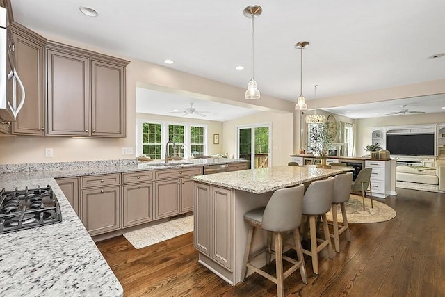 132 Hemmingway Pl, Wrentham, MA 02093 - kitchen with a ceiling fan, a sink, open floor plan, black gas cooktop, and recessed lighting