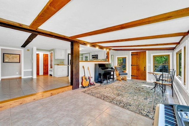 26 Beacon St, Amesbury, MA 01913 - tiled living room featuring beamed ceiling