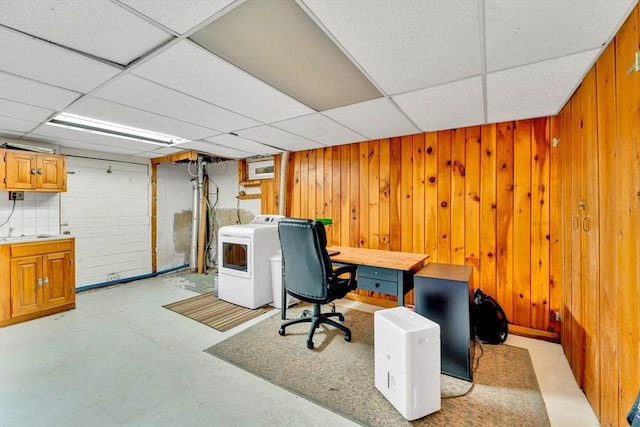 26 Beacon St, Amesbury, MA 01913 - office space featuring washer / dryer, a drop ceiling, wooden walls, and concrete flooring