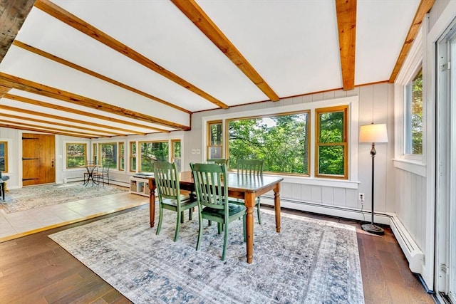 26 Beacon St, Amesbury, MA 01913 - dining space with beamed ceiling, healthy amount of natural light, wood-type flooring, and baseboard heating