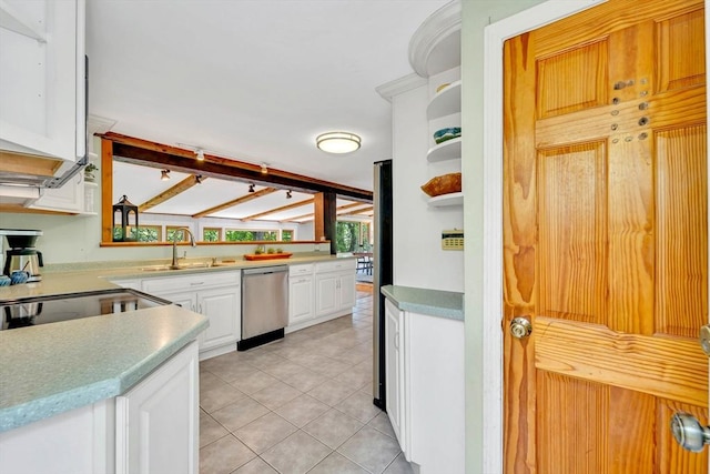 26 Beacon St, Amesbury, MA 01913 - kitchen featuring dishwasher, white cabinetry, light tile patterned floors, and light countertops
