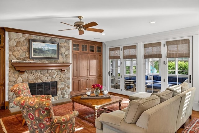 9 High Ridge Dr, Mattapoisett, MA 02739 - living room with a ceiling fan, dark wood finished floors, a stone fireplace, and recessed lighting