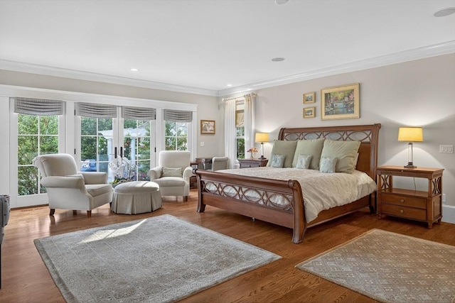 9 High Ridge Dr, Mattapoisett, MA 02739 - bedroom featuring ornamental molding, access to exterior, wood finished floors, and recessed lighting