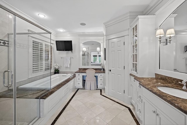 9 High Ridge Dr, Mattapoisett, MA 02739 - ensuite bathroom featuring inlaid floor details, a bath, vanity, a shower stall, and crown molding