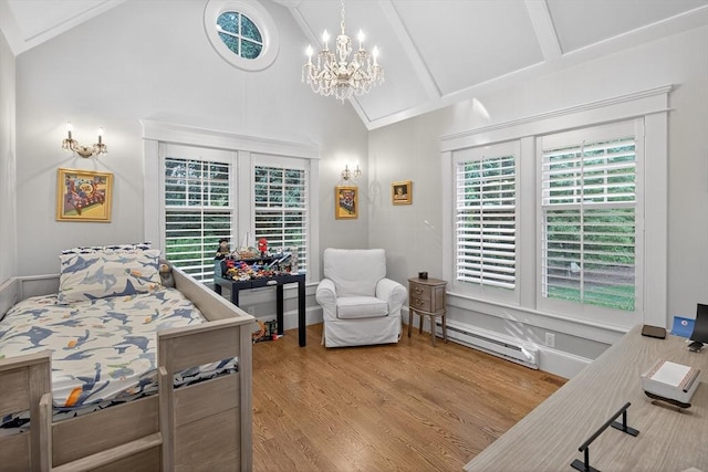 9 High Ridge Dr, Mattapoisett, MA 02739 - bedroom with wood finished floors, baseboard heating, a chandelier, and multiple windows