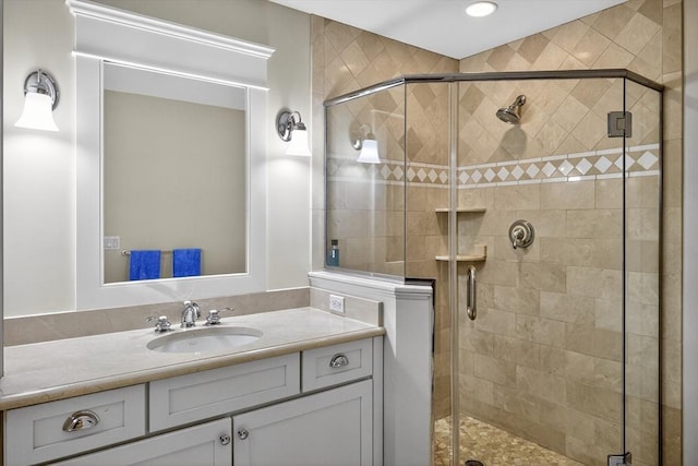 9 High Ridge Dr, Mattapoisett, MA 02739 - bathroom featuring vanity, a stall shower, and recessed lighting