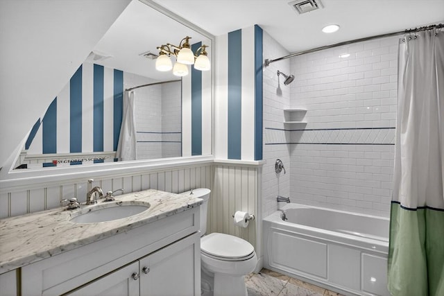 9 High Ridge Dr, Mattapoisett, MA 02739 - full bathroom featuring vanity, shower / tub combo with curtain, wallpapered walls, and wainscoting