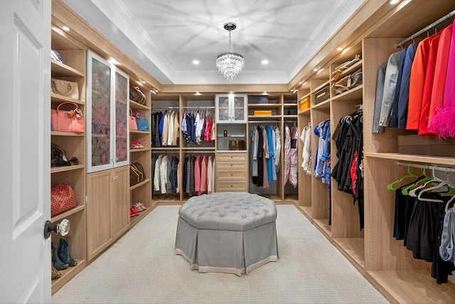 9 High Ridge Dr, Mattapoisett, MA 02739 - spacious closet featuring a chandelier, carpet, and a raised ceiling