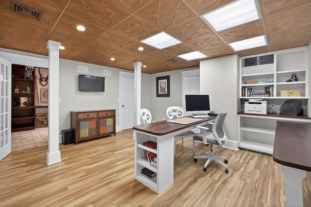 9 High Ridge Dr, Mattapoisett, MA 02739 - office area featuring ornate columns, light wood-style flooring, recessed lighting, an ornate ceiling, and built in shelves