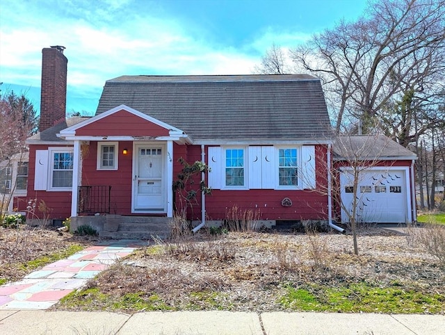 view of front of home with a shingled roof, crawl space, and a chimney