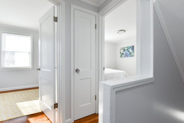 hallway with baseboards, wood finished floors, and ornamental molding